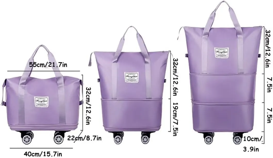 Rolling Duffel Bag with Wheels, Large Capacity Foldable Travel Bag with Detachable Wheels, Rolling Luggage Carry On Bag Foldable Expandable Duffel Bag for Travel or Business Trip(Light Purple)