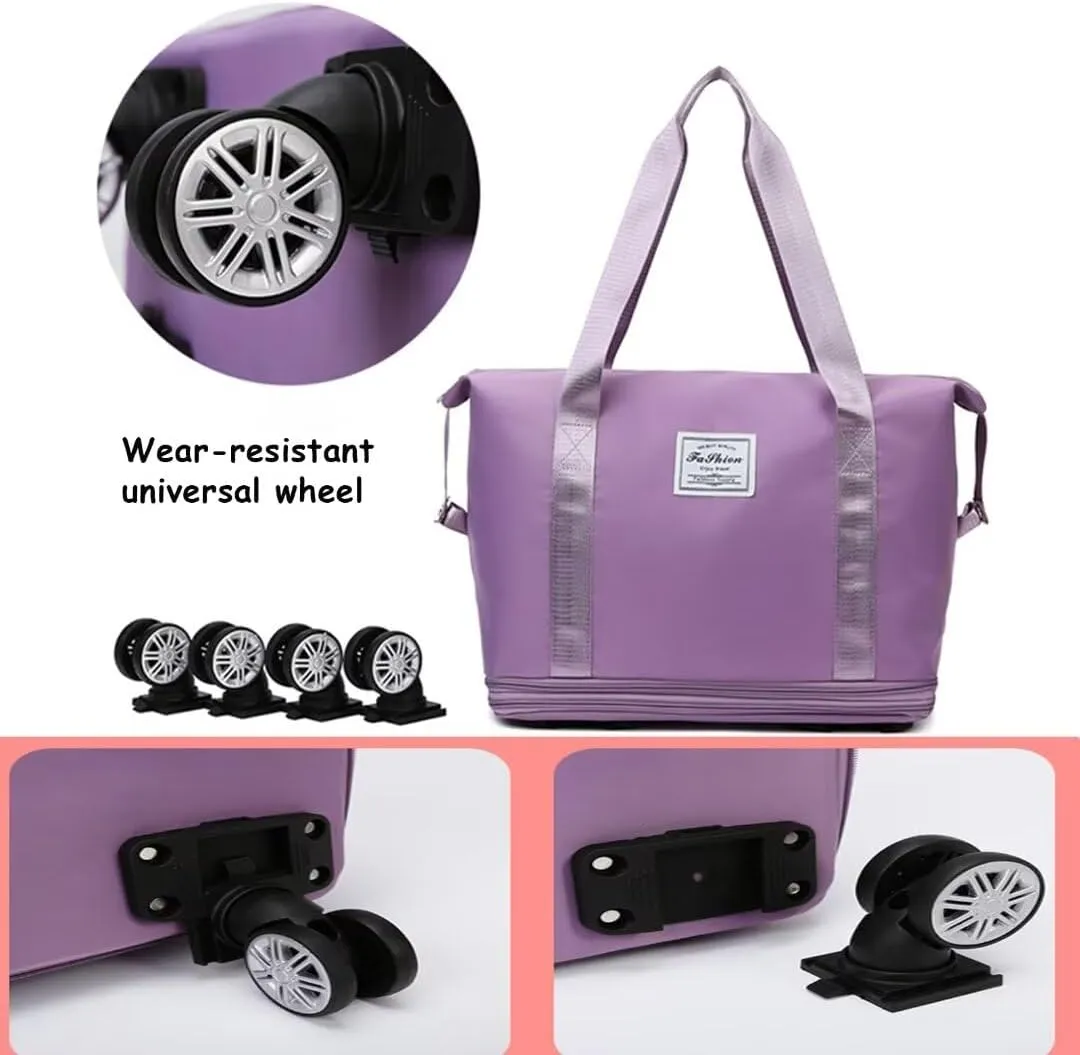 Rolling Duffel Bag with Wheels, Large Capacity Foldable Travel Bag with Detachable Wheels, Rolling Luggage Carry On Bag Foldable Expandable Duffel Bag for Travel or Business Trip(Light Purple)