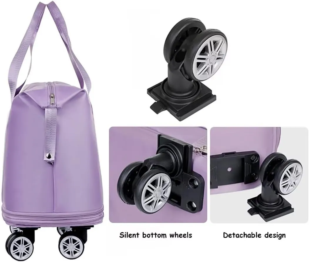 Rolling Duffel Bag with Wheels, Large Capacity Foldable Travel Bag with Detachable Wheels, Rolling Luggage Carry On Bag Foldable Expandable Duffel Bag for Travel or Business Trip(Light Purple)