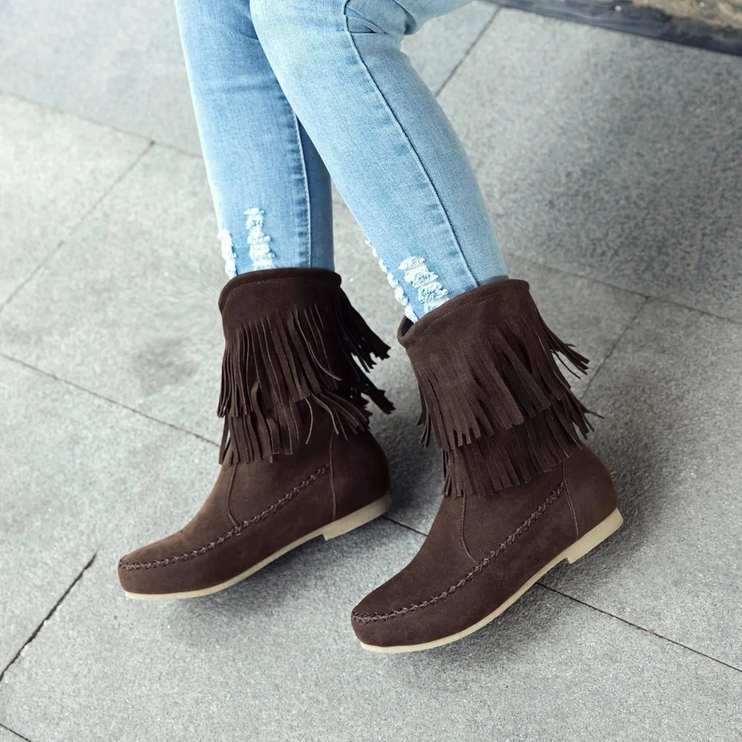 SACFOF Women's Suede Western Tassel Cowboys Ankle Boots Winrer Slip On Booties Casual Fashion Vintage Flat Ankle Booties
