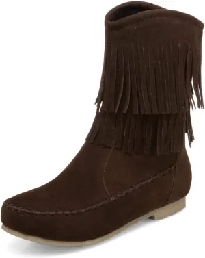 SACFOF Women's Suede Western Tassel Cowboys Ankle Boots Winrer Slip On Booties Casual Fashion Vintage Flat Ankle Booties