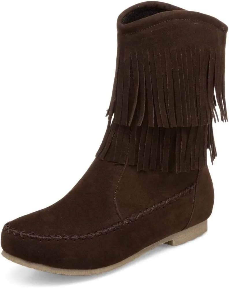 SACFOF Women's Suede Western Tassel Cowboys Ankle Boots Winrer Slip On Booties Casual Fashion Vintage Flat Ankle Booties