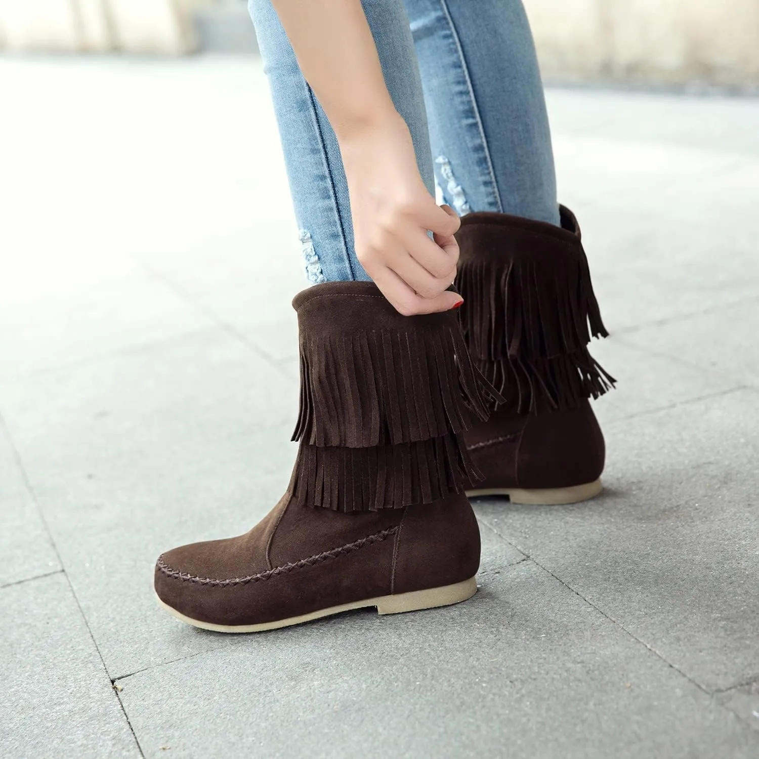 SACFOF Women's Suede Western Tassel Cowboys Ankle Boots Winrer Slip On Booties Casual Fashion Vintage Flat Ankle Booties