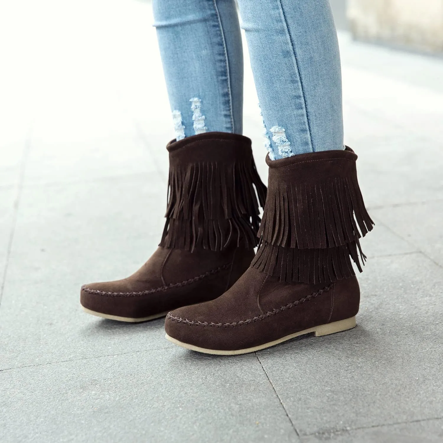 SACFOF Women's Suede Western Tassel Cowboys Ankle Boots Winrer Slip On Booties Casual Fashion Vintage Flat Ankle Booties