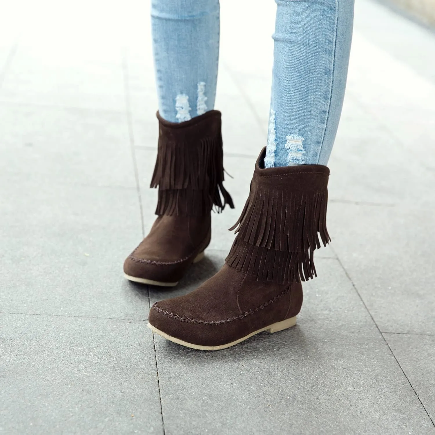 SACFOF Women's Suede Western Tassel Cowboys Ankle Boots Winrer Slip On Booties Casual Fashion Vintage Flat Ankle Booties
