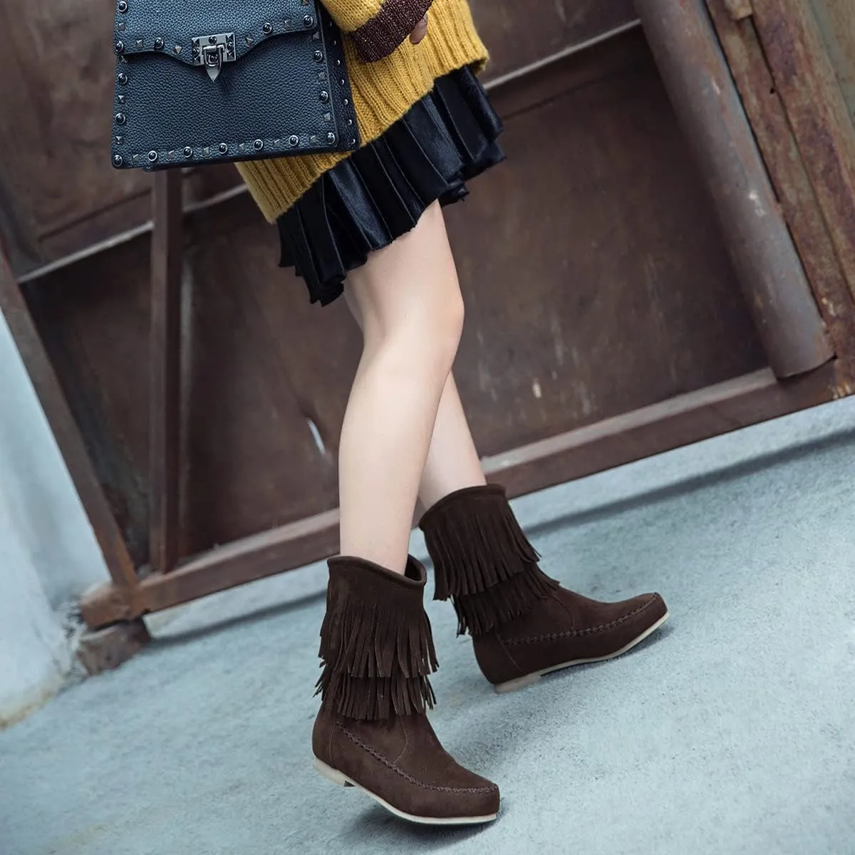 SACFOF Women's Suede Western Tassel Cowboys Ankle Boots Winrer Slip On Booties Casual Fashion Vintage Flat Ankle Booties