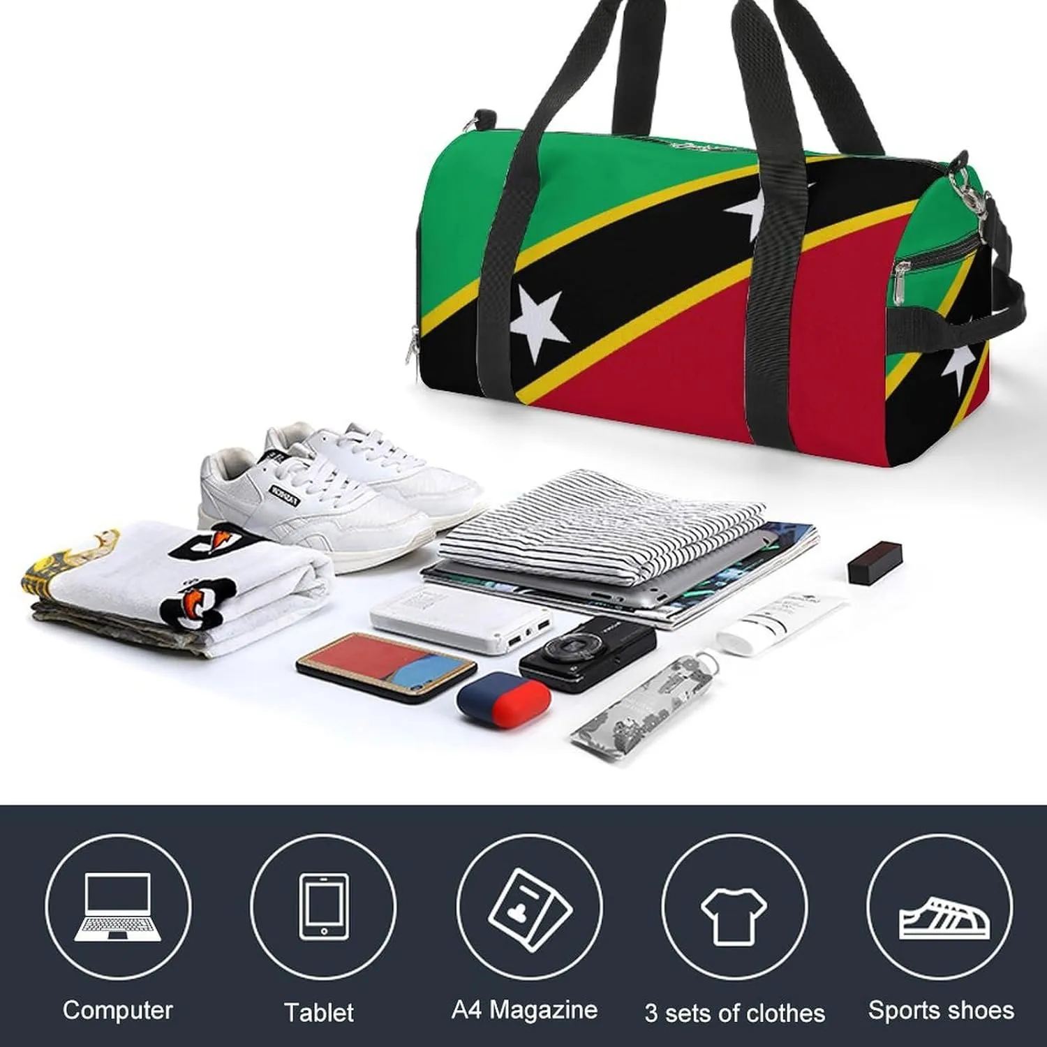 Saint Kitts Flag Gym Bag for Boys Girls with Shoe Compartment Travel Overnight