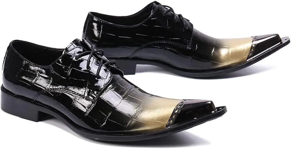 Santimon Mens Casual Dress Metal Pointed Tip Casual Genuine Leather Formal Lace-up Party Oxford Shoes
