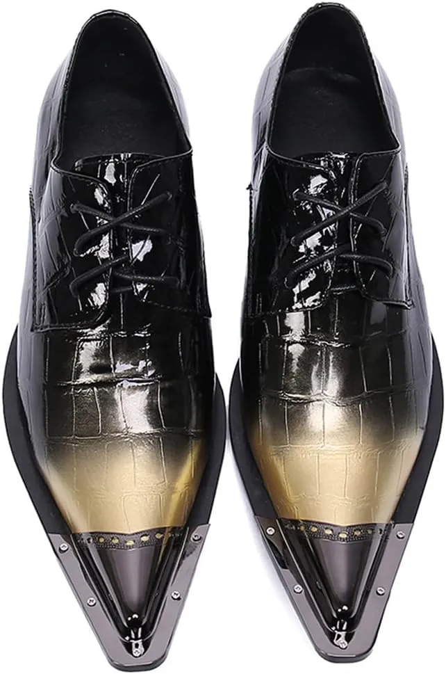 Santimon Mens Casual Dress Metal Pointed Tip Casual Genuine Leather Formal Lace-up Party Oxford Shoes