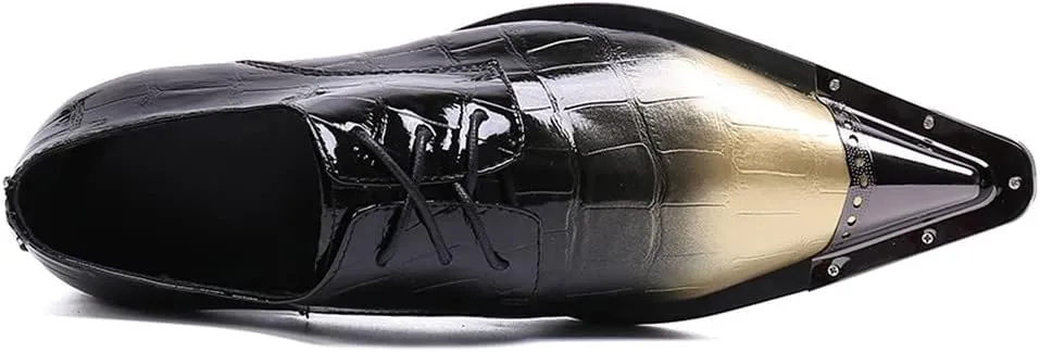 Santimon Mens Casual Dress Metal Pointed Tip Casual Genuine Leather Formal Lace-up Party Oxford Shoes