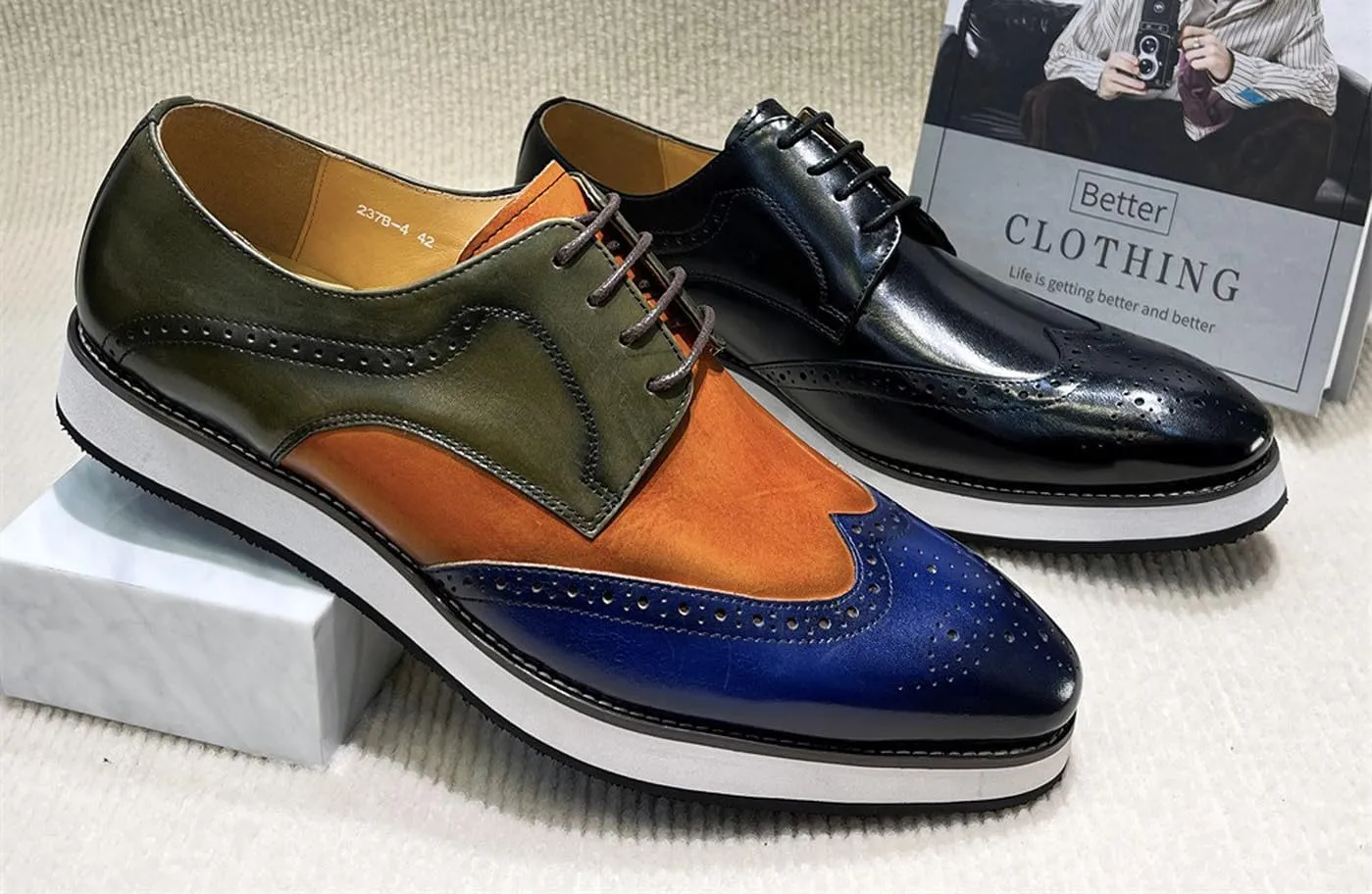 Santimon Men’s Dress Shoes Wingtip Oxfords | Leather Derby with Lightweight Cushioned Platform Sole | Business-Casual Footwear for Office, Wedding