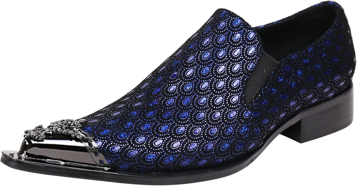 Santimon Mens Loafers Pointed Toe Sparkling Leather Fashion Casual Metal Tip Western Dress Shoes