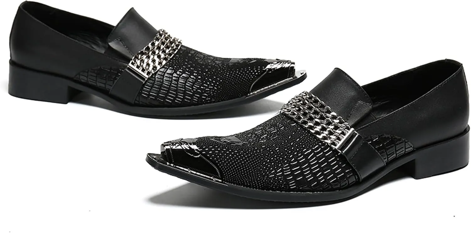 Santimon Mens Loafers Pointed Toe Sparkling Leather Fashion Casual Metal Tip Western Dress Shoes