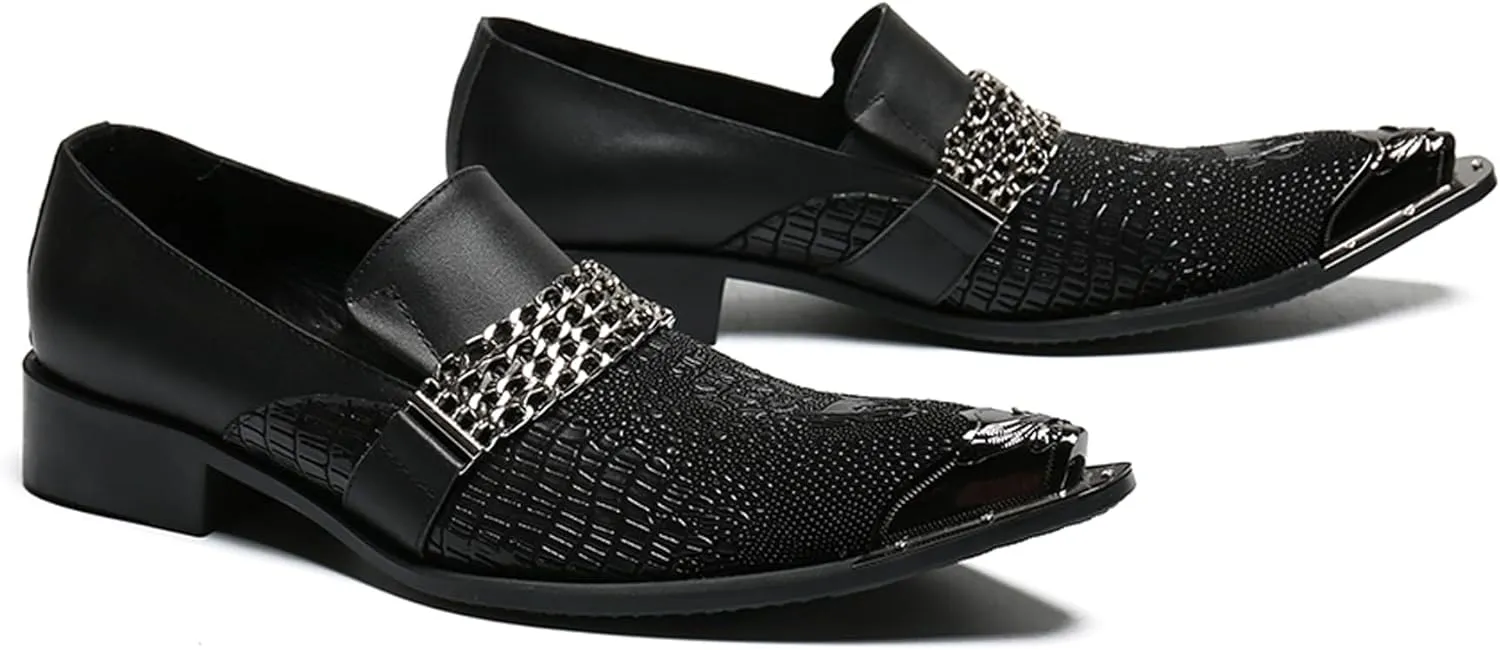 Santimon Mens Loafers Pointed Toe Sparkling Leather Fashion Casual Metal Tip Western Dress Shoes