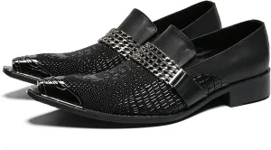 Santimon Mens Loafers Pointed Toe Sparkling Leather Fashion Casual Metal Tip Western Dress Shoes