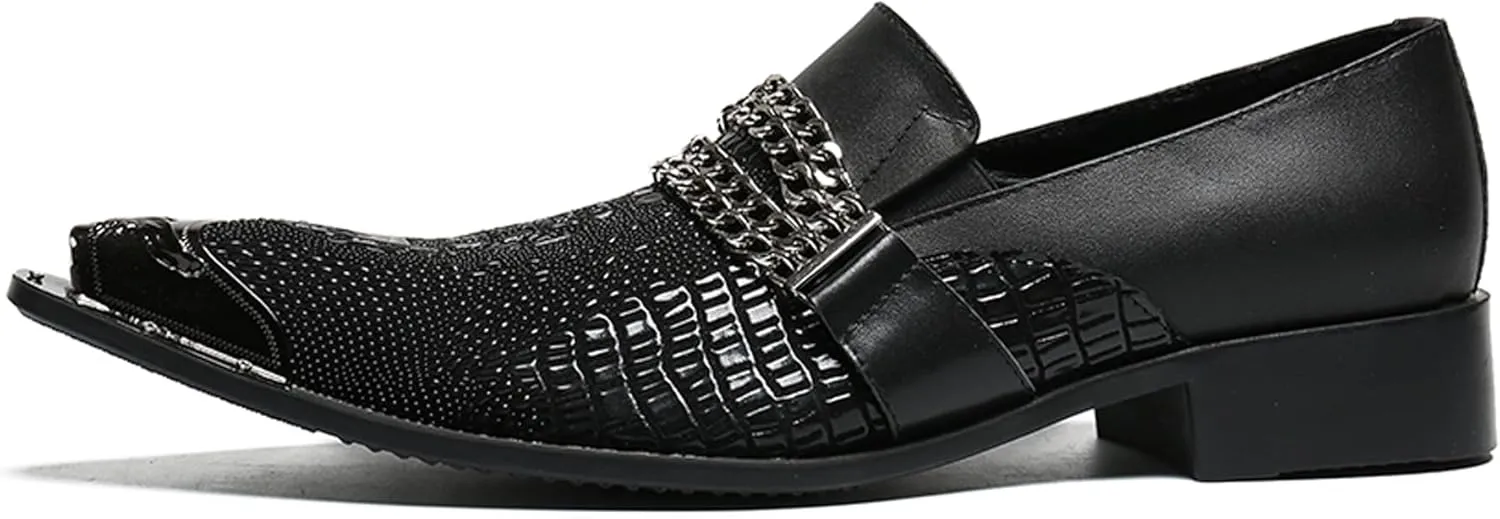 Santimon Mens Loafers Pointed Toe Sparkling Leather Fashion Casual Metal Tip Western Dress Shoes