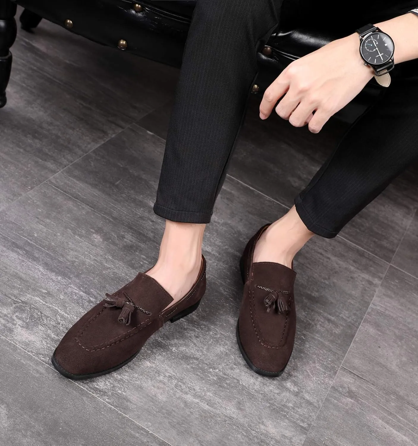 Santimon Mens Loafers Tassel Fringe Suede Casual Driving Slip on Dress Shoes Moccasins