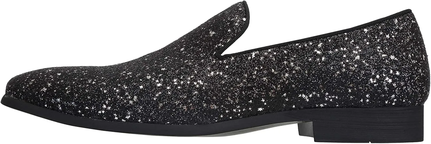 Santimon Mens Smoking Slipper Metallic Sparkling Glitter Tuxedo Slip on Dress Loafers Shoes