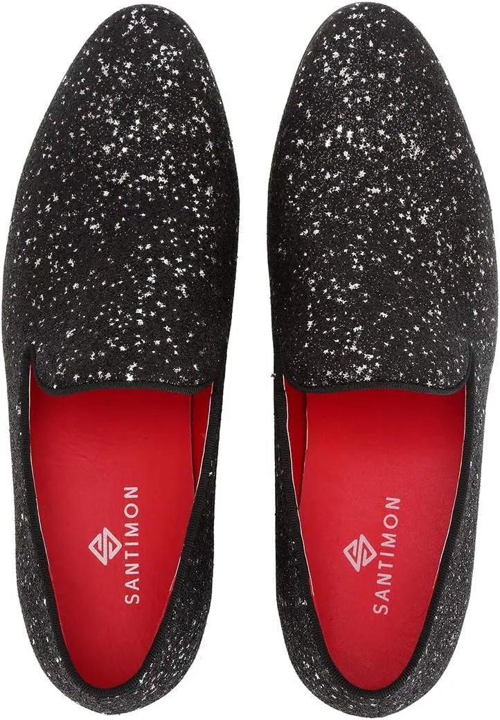 Santimon Mens Smoking Slipper Metallic Sparkling Glitter Tuxedo Slip on Dress Loafers Shoes