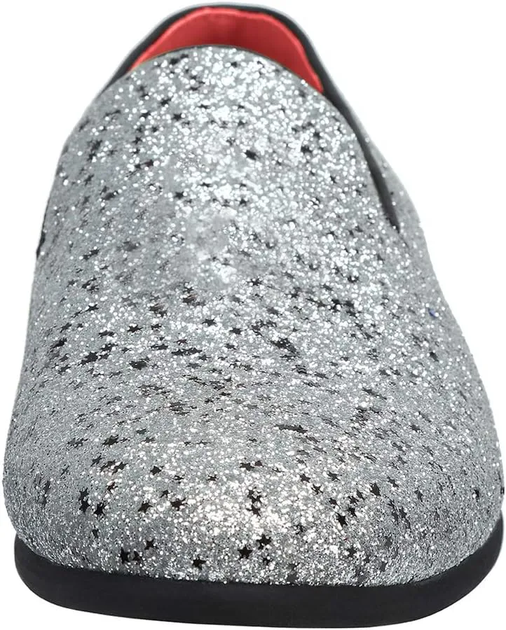Santimon Mens Smoking Slipper Metallic Sparkling Glitter Tuxedo Slip on Dress Loafers Shoes