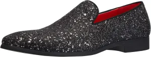 Santimon Mens Smoking Slipper Metallic Sparkling Glitter Tuxedo Slip on Dress Loafers Shoes