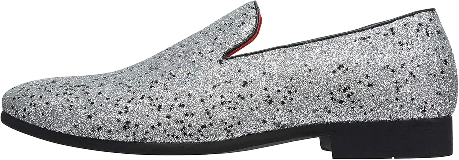 Santimon Mens Smoking Slipper Metallic Sparkling Glitter Tuxedo Slip on Dress Loafers Shoes