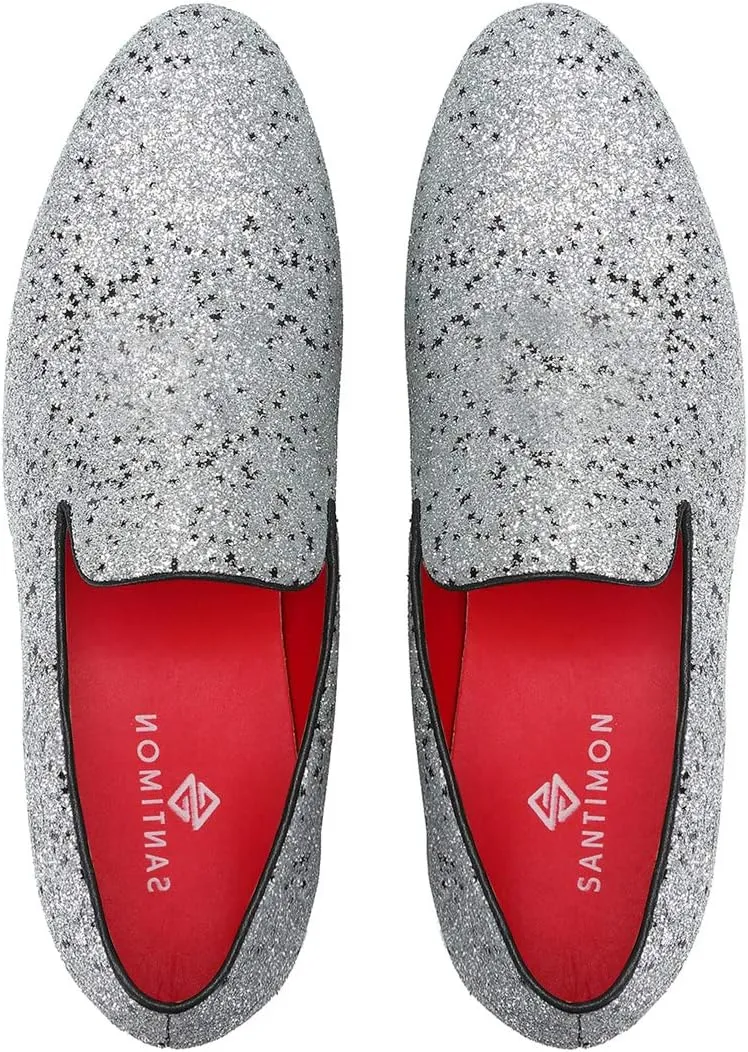 Santimon Mens Smoking Slipper Metallic Sparkling Glitter Tuxedo Slip on Dress Loafers Shoes