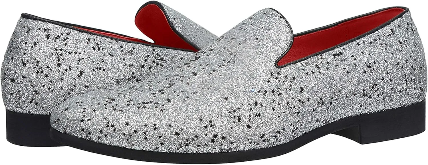 Santimon Mens Smoking Slipper Metallic Sparkling Glitter Tuxedo Slip on Dress Loafers Shoes
