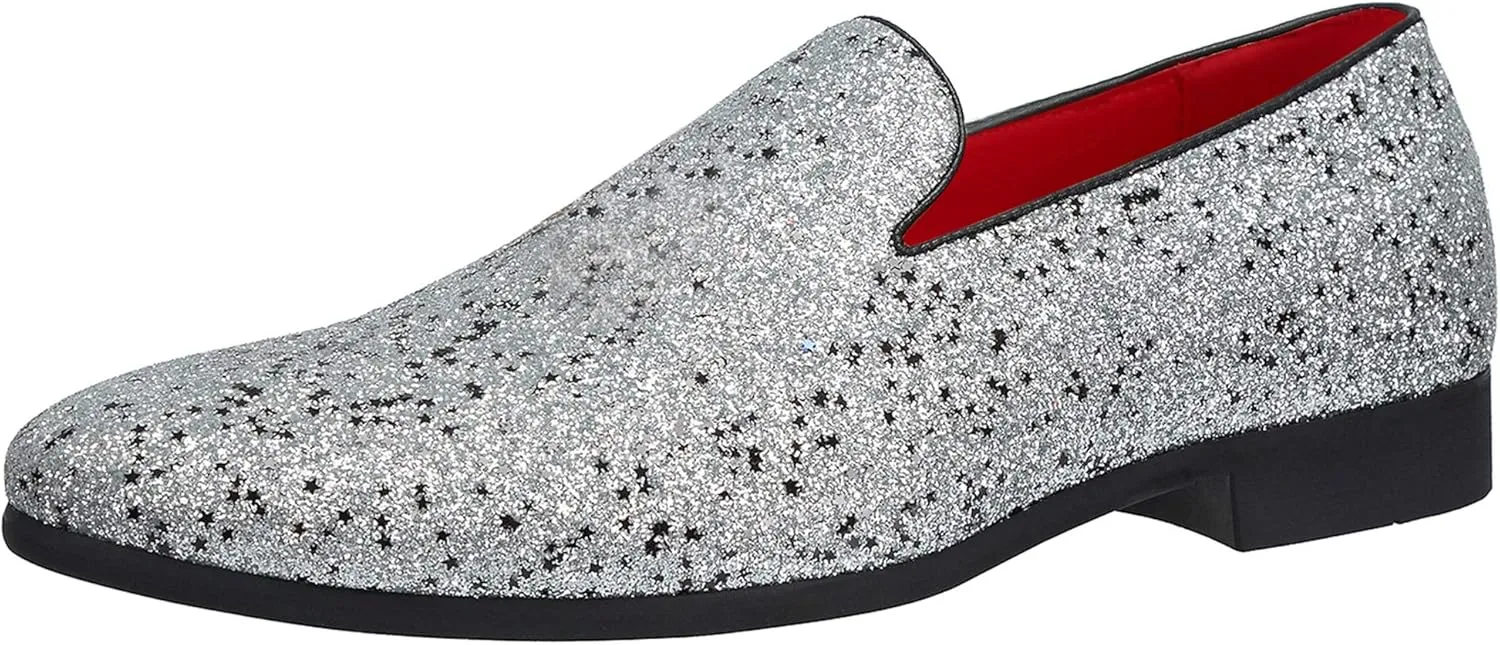 Santimon Mens Smoking Slipper Metallic Sparkling Glitter Tuxedo Slip on Dress Loafers Shoes