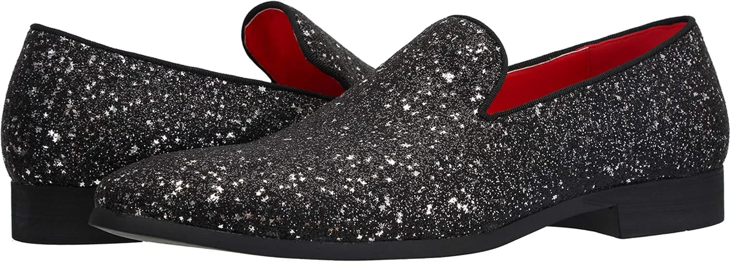 Santimon Mens Smoking Slipper Metallic Sparkling Glitter Tuxedo Slip on Dress Loafers Shoes