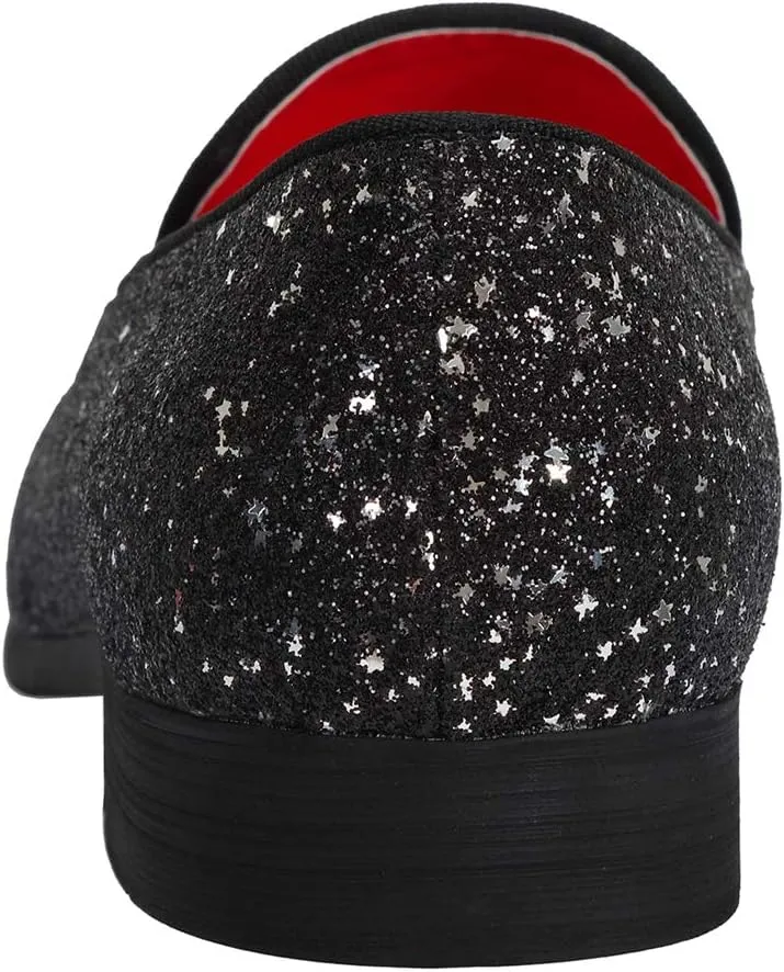 Santimon Mens Smoking Slipper Metallic Sparkling Glitter Tuxedo Slip on Dress Loafers Shoes