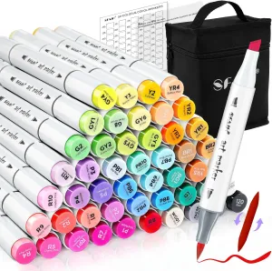 SFAIH Brush Tip Alcohol Markers Set - 49 Colors Double Tipped Art Markers for Adult Coloring Books Illustration, Gifts for Artist Adult, Dual Tip Brush & Chisel - Refillable Ink