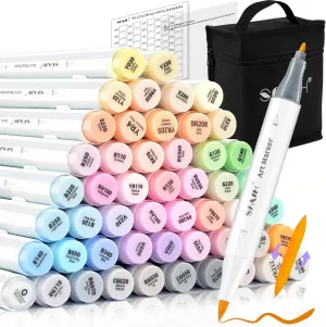 SFAIH Pastel Alcohol Markers Brush Tip - 51 Colors Double Tipped Art Markers for Artist Adult Coloring Illustration, Gifts for Artist Adult, Dual Tip Brush & Fine - Refillable Ink, Colorless Blender