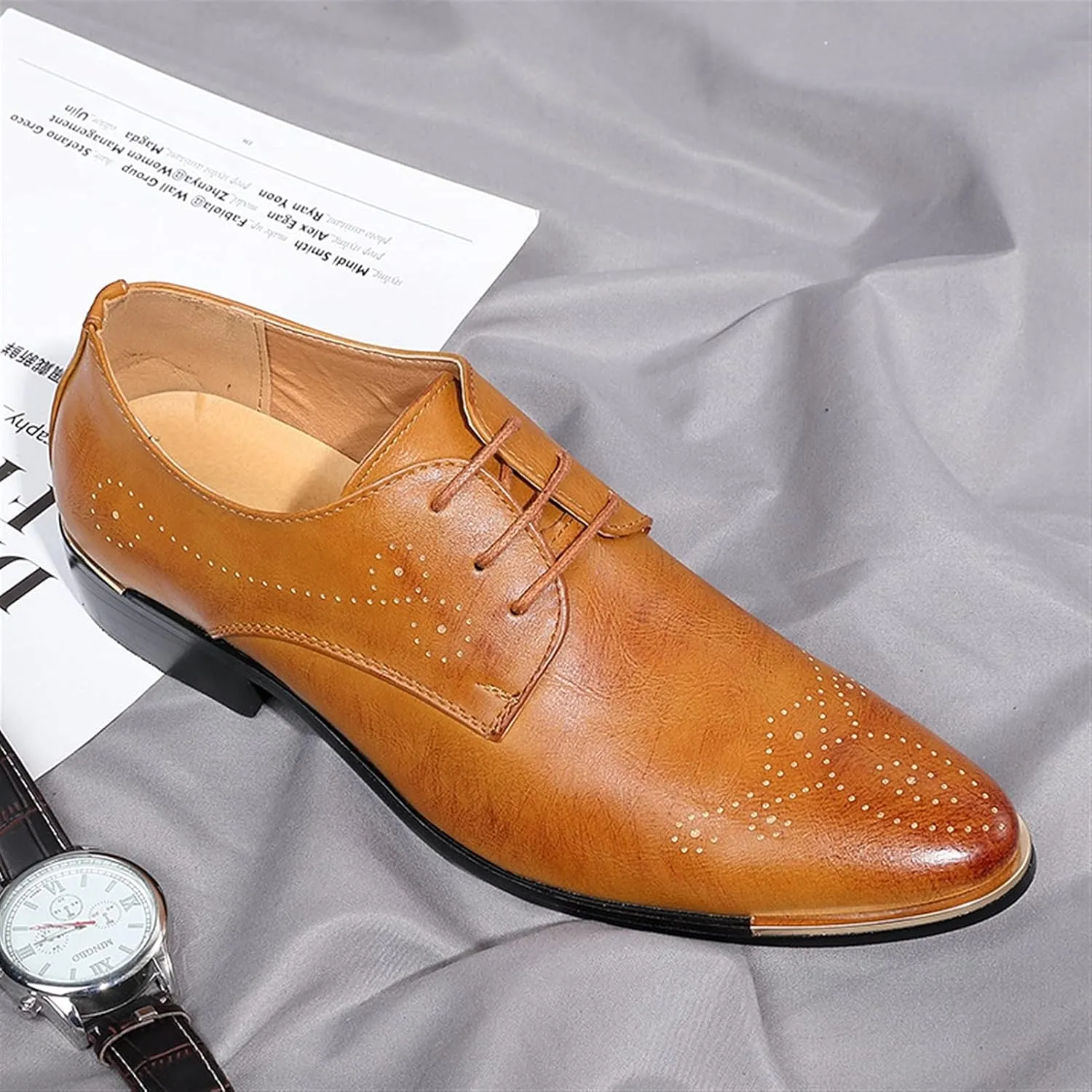 Single Season Dress Shoes for Men Lace Up Brogue Embossed Derby Shoes Vegan Leather Block Heel Non Slip Rubber Sole Wedding Very Popular Among Young People