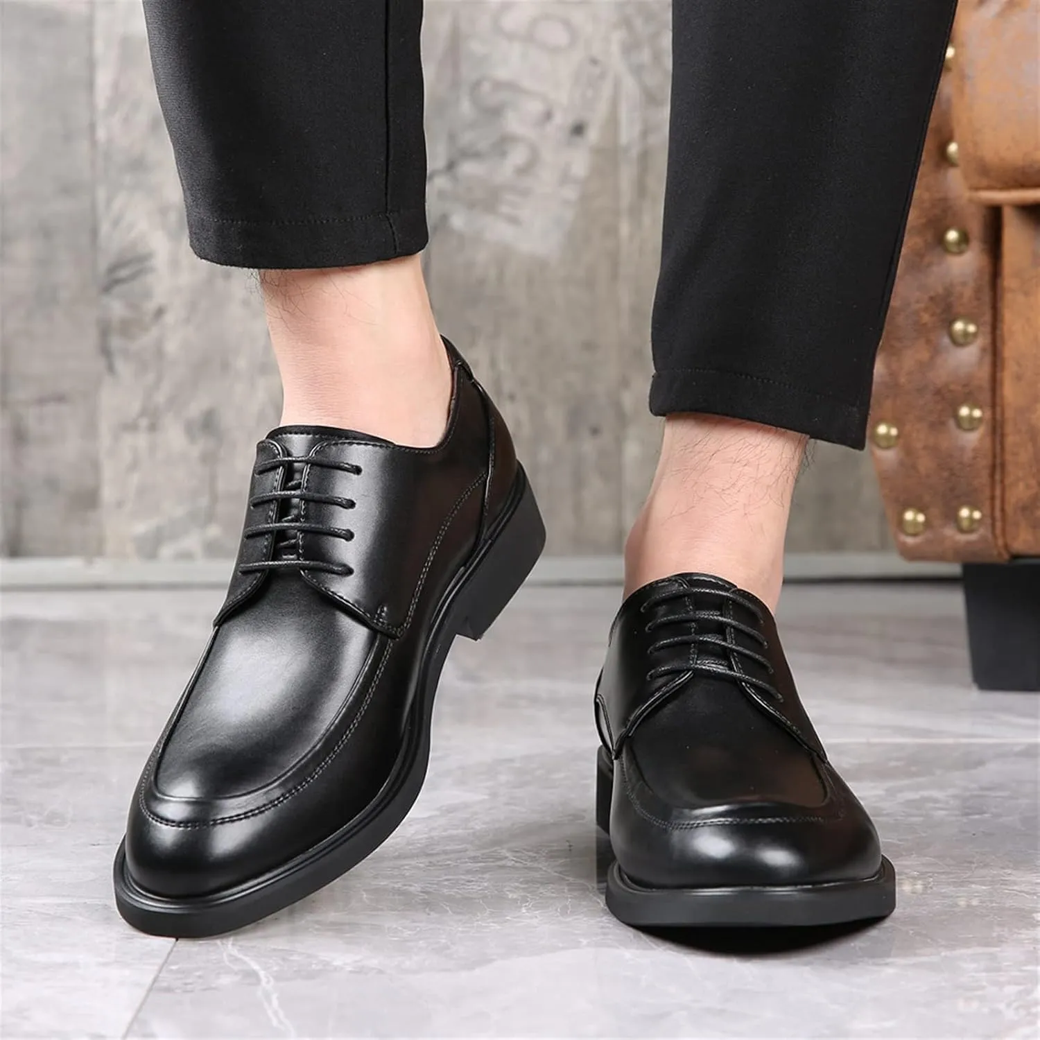 Single Season Formal Oxford Shoes for Men Lace Up Derby Shoes Apron Toe Burnished Toe PU Leather Slip Resistant Block Heel Anti-Slip Wedding Very Popular Among Young People