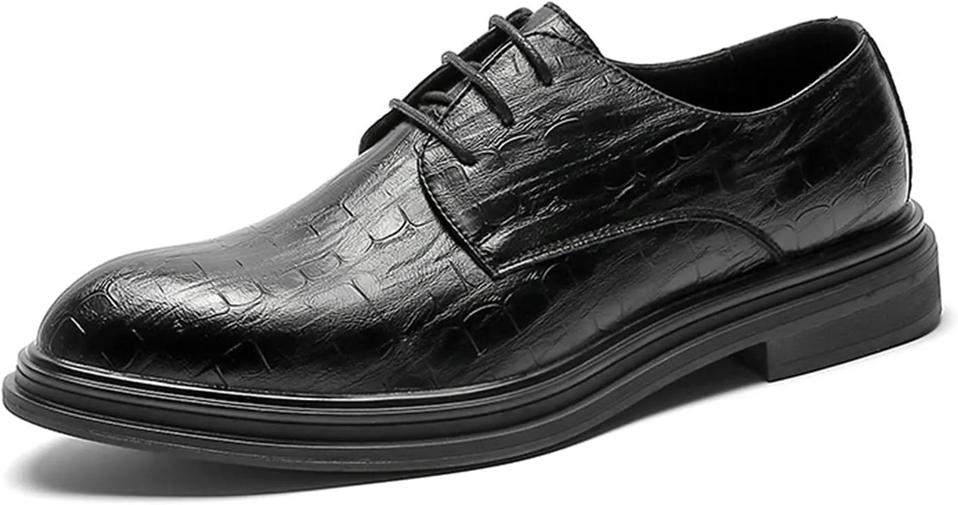 Single Season Formal Oxford Shoes for Men Lace Up Derby Shoes Plaid Round Toe PU Leather Low Top Anti-Slip Block Heel Slip Resistant Business Very Popular Among Young People
