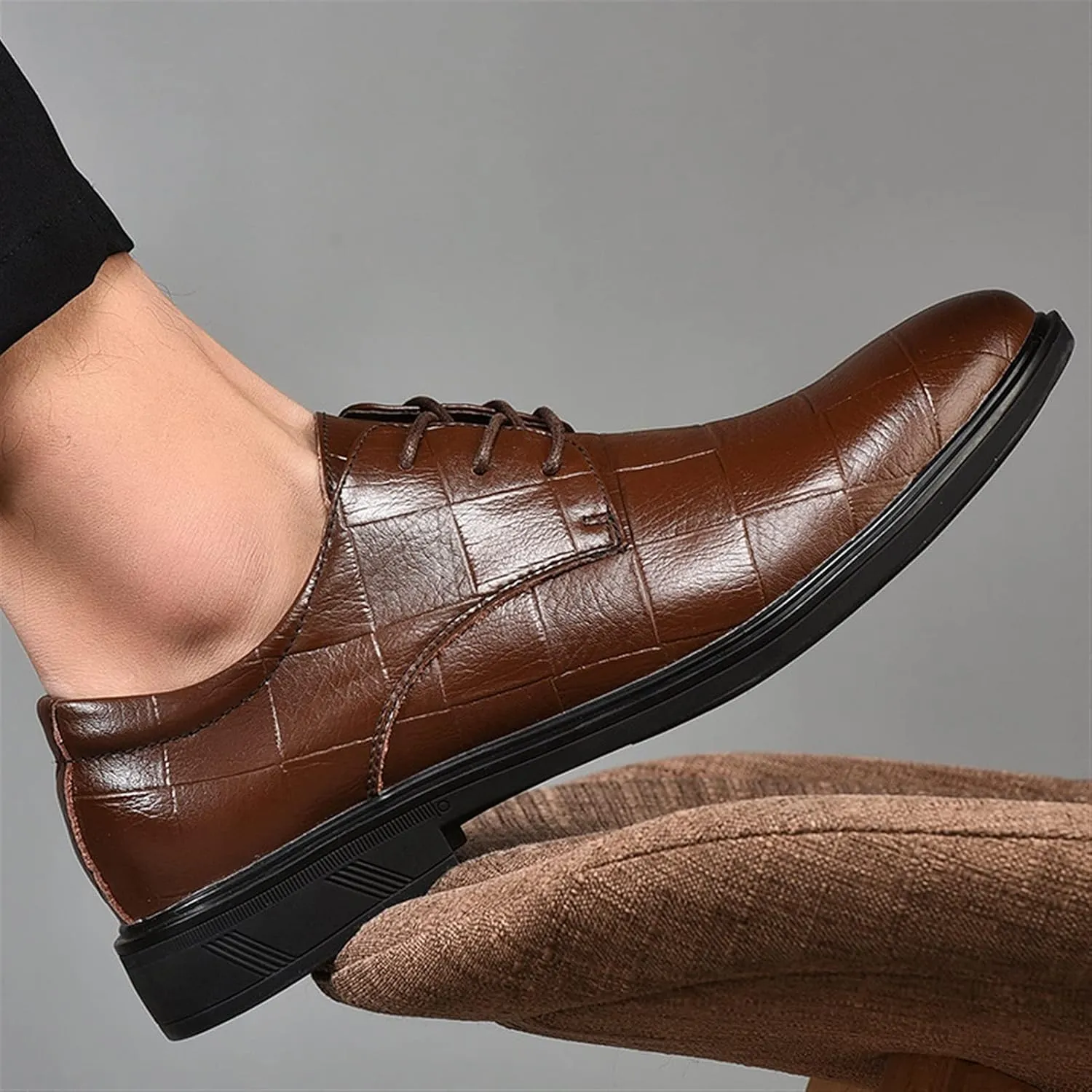 Single Season Formal Oxford Shoes for Men Lace Up Plaid Burnished Toe Derby Shoes Leather Low Top Rubber Sole Anti-Slip Resistant Non Slip Wedding Very Popular Among Young People