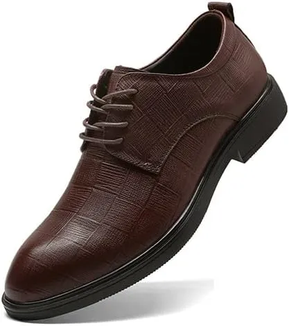 Single Season Formal Shoes for Men Lace Up Plaid Derby Shoes Round Toe Leather Anti-Slip Slip Resistant Block Heel Business Very Popular Among Young People