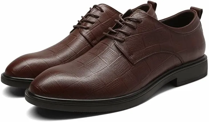 Single Season Formal Shoes for Men Lace Up Plaid Derby Shoes Round Toe Leather Anti-Slip Slip Resistant Block Heel Business Very Popular Among Young People