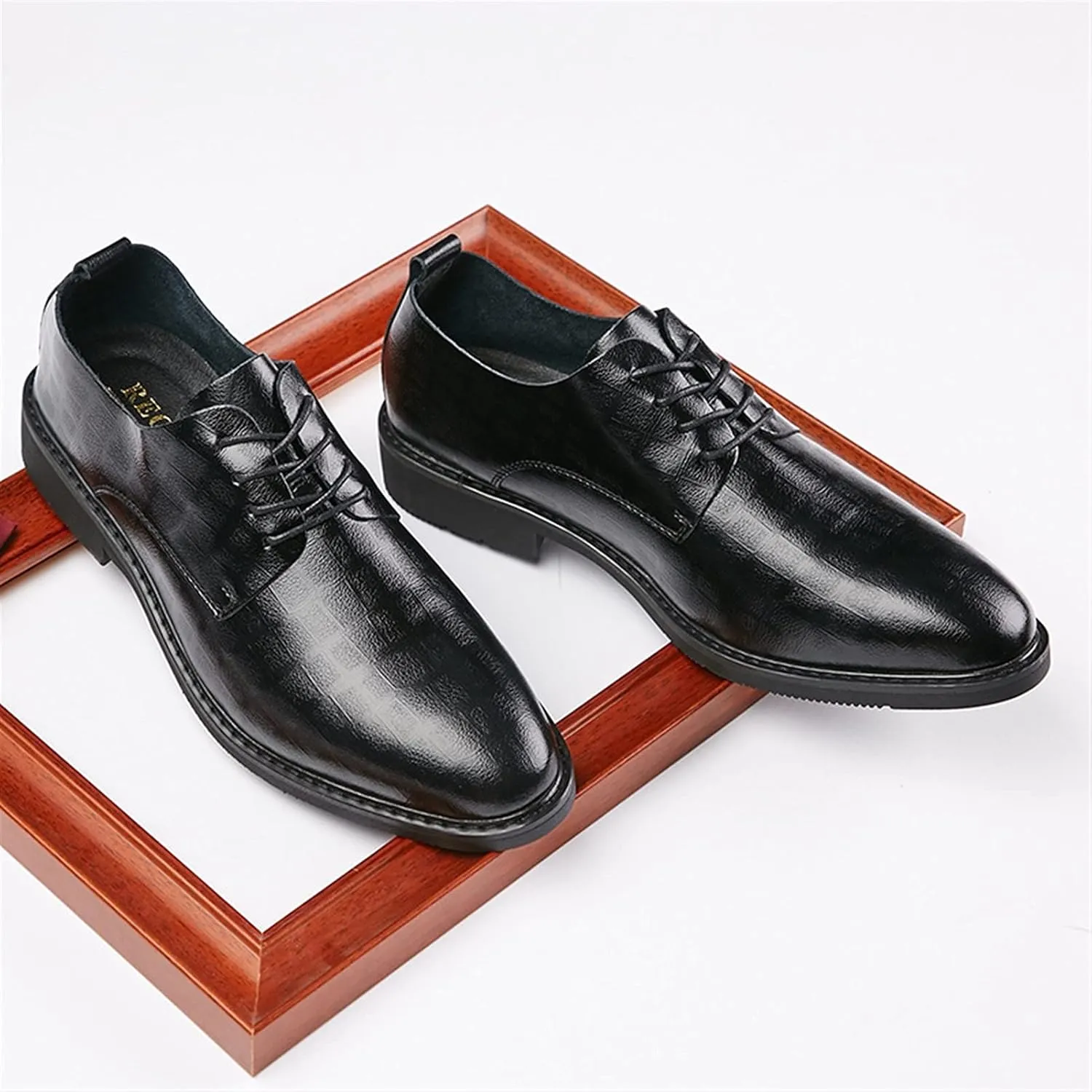Single Season Shoes Dress Oxford for Men Lace Up Derby Shoes Round Toe Plaid Genuine Leather Non Slip Block Heel Rubber Sole Low Top Slip Resistant Wedding Very Popular Among Young People