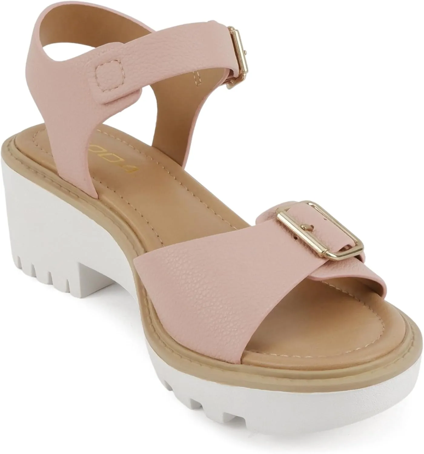 Soda Remo ~ Women Round Toe Buckle Strap Lug Sole Wedge Sandal
