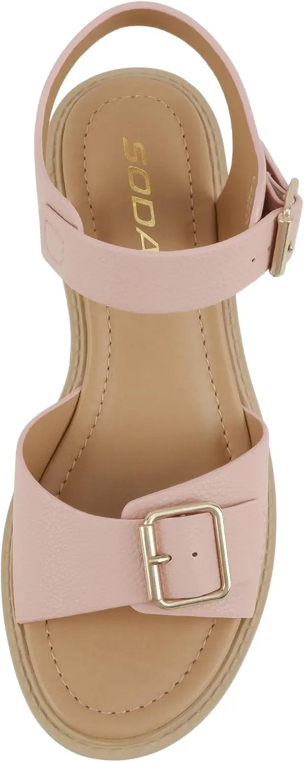 Soda Remo ~ Women Round Toe Buckle Strap Lug Sole Wedge Sandal