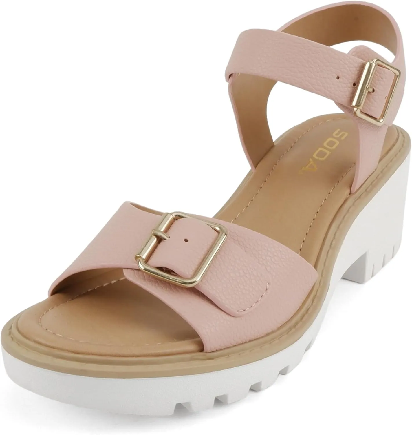Soda Remo ~ Women Round Toe Buckle Strap Lug Sole Wedge Sandal