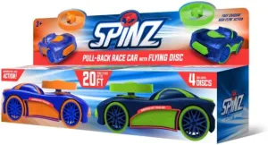 Spinz 2 Pack Race Cars with Flying Disc Launchers, Pull Back Bumper Toy Racer, Kids, Boys, Girls Gift, Blue/Orange & Blue/Green Ages 3 