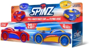 Spinz 2 Pack Race Cars with Flying Disc Launchers, Pull Back Bumper Toy Racer, Kids, Boys, Girls Gift, Blue/Red & Blue/Yellow, Ages 3 