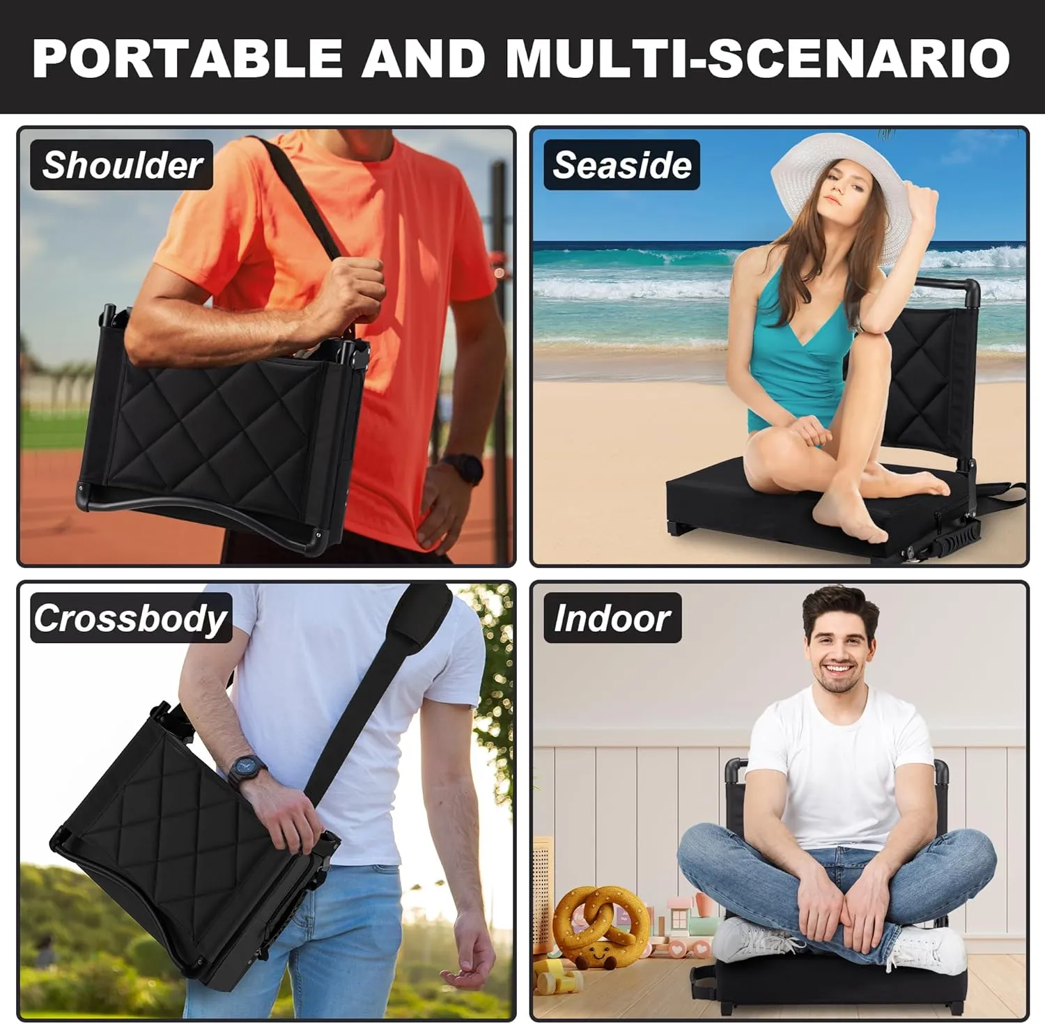Stadium Seats with Back Support Cushion, Folding Stadium Seats for Bleachers Hold up 400lbs, Wide Bleacher Seat with Shoulder Strap & Handle Comfort for Sports Events (Black, 1pcs)