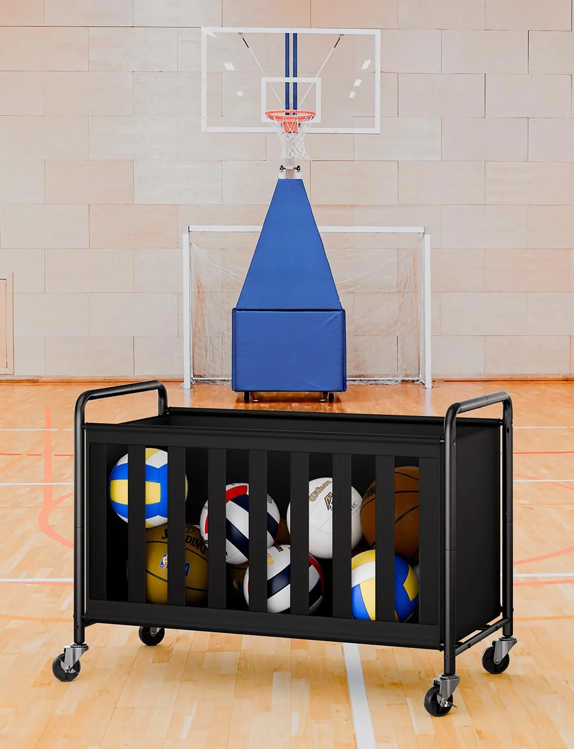 StorageWorks Ball Storage with Wheels, Ball Cart for Garage, Garage Sports Equipment Organizer with Hooks, Balls Organizer for Basketball, Football, Volleyball