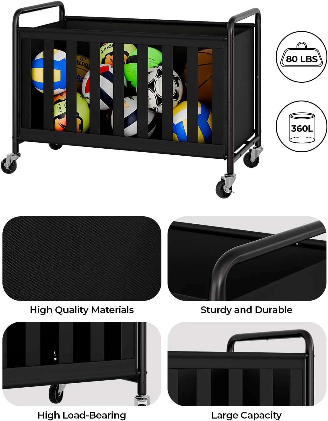 StorageWorks Ball Storage with Wheels, Ball Cart for Garage, Garage Sports Equipment Organizer with Hooks, Balls Organizer for Basketball, Football, Volleyball