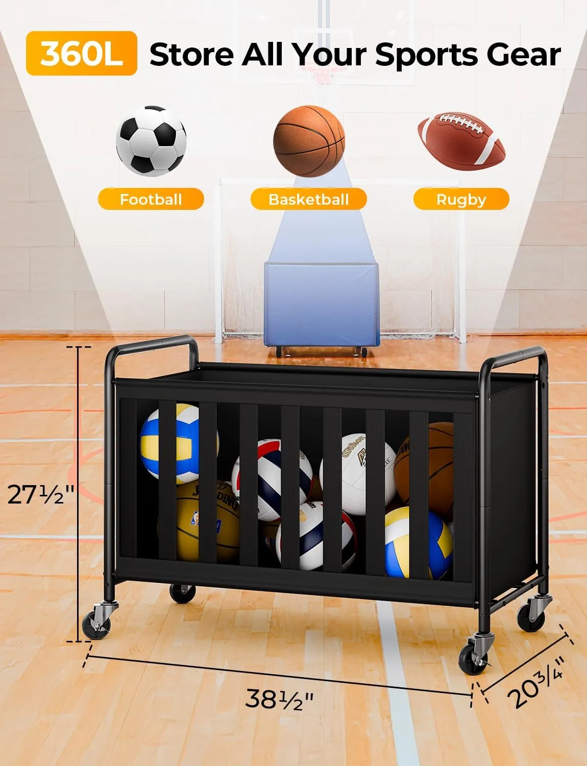StorageWorks Ball Storage with Wheels, Ball Cart for Garage, Garage Sports Equipment Organizer with Hooks, Balls Organizer for Basketball, Football, Volleyball