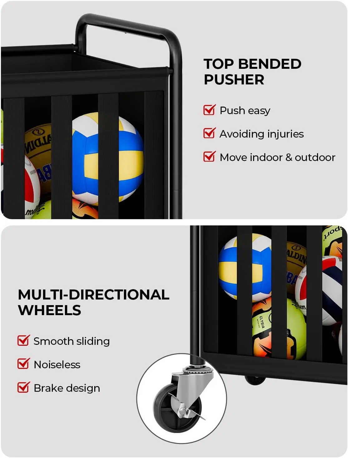 StorageWorks Ball Storage with Wheels, Ball Cart for Garage, Garage Sports Equipment Organizer with Hooks, Balls Organizer for Basketball, Football, Volleyball